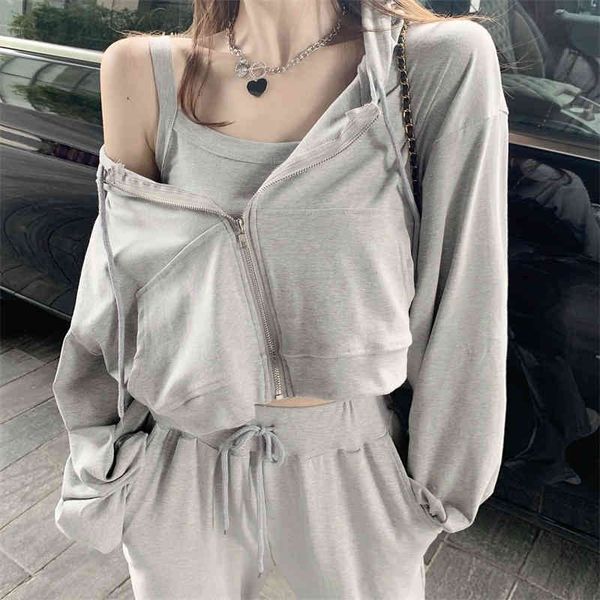 

women's tracksuits autumn winter women sets 3 pieces short hooded jacket sporty pants vest lounge wear track suit suits and 1gq6, Gray