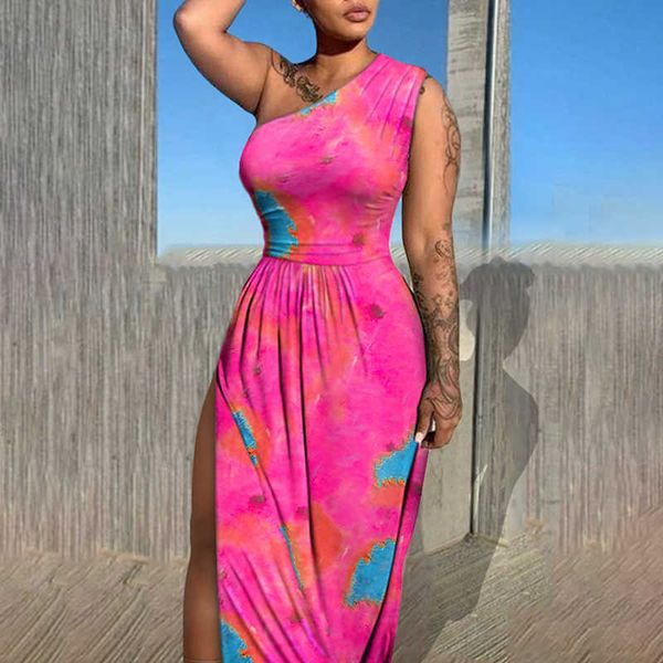 

summer women elegant formal gown maxi dress female stylish long party dress robes ruched one shoulder printed dress 210716, Black;gray