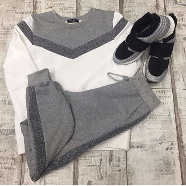 

women's two piece pants tracksuits spring autumn long sleeve pullover sweatshirt two set fashion type v stitching sporting suit female, White