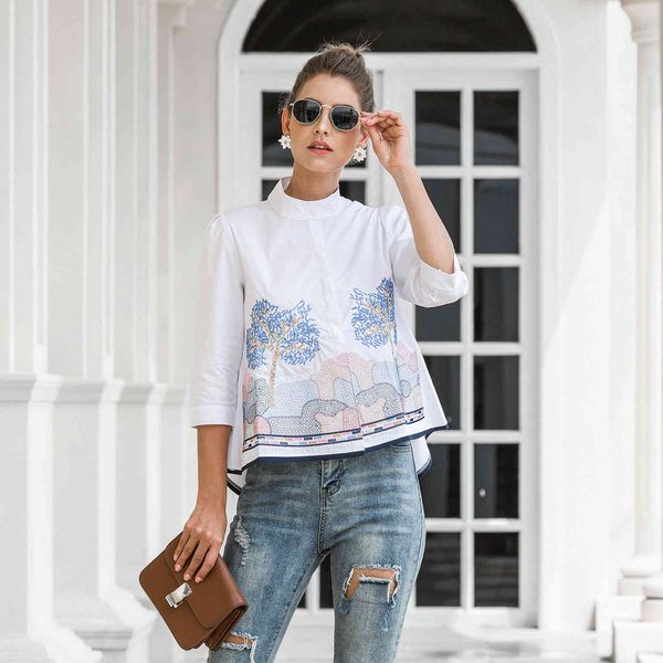 

spring summer stand embroidery for women new casual three quarter sleeve oversize ladies single breasted blouse 210413, White