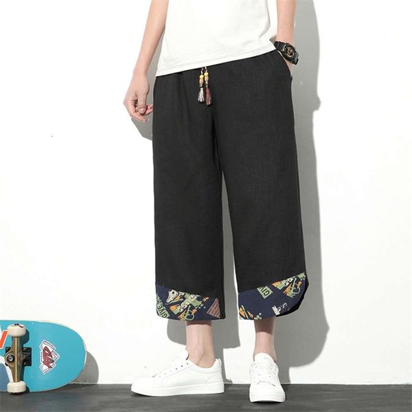 

pants summer chinese style men's casual large foot printed cotton hemp loose capris zan9, Black