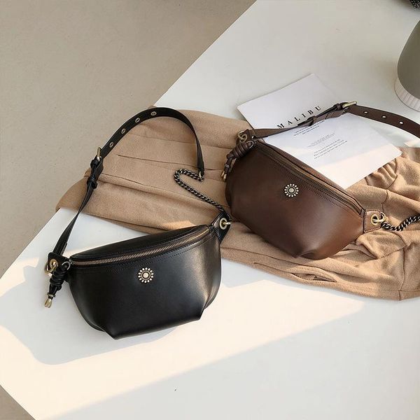 

women fashion soft leather vintage temperament casual crossbody bag chain shoulder waist pack chest black brown bags