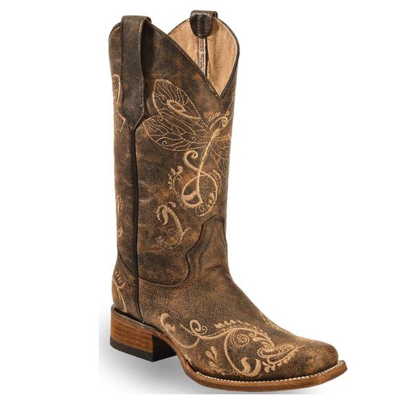 

boots women`s dragonfly embroidereo cowgirl square toe, Black