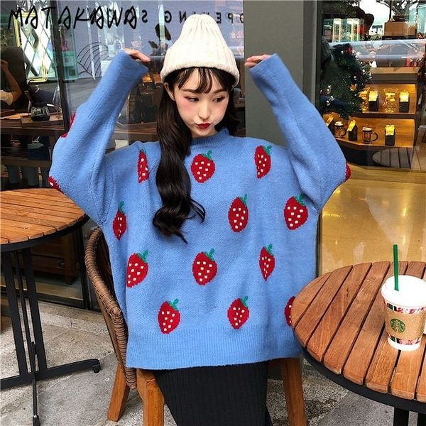 

matakawa autumn clothing sweet and cute strawberry jacquard pullovers long-sleeved pullover loose thick women sweater 210513, White;black