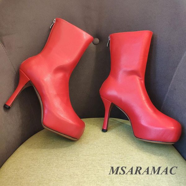 

boots fashion red platform high-heeled short leather square toe stiletto ankle elegant street ladies all-match party shoes, Black