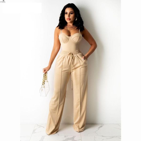 

women's two piece pants fashion women set solid sleeveless strap v-neck slim pockets wide leg 2 sets club outfits tracksuits summer, White