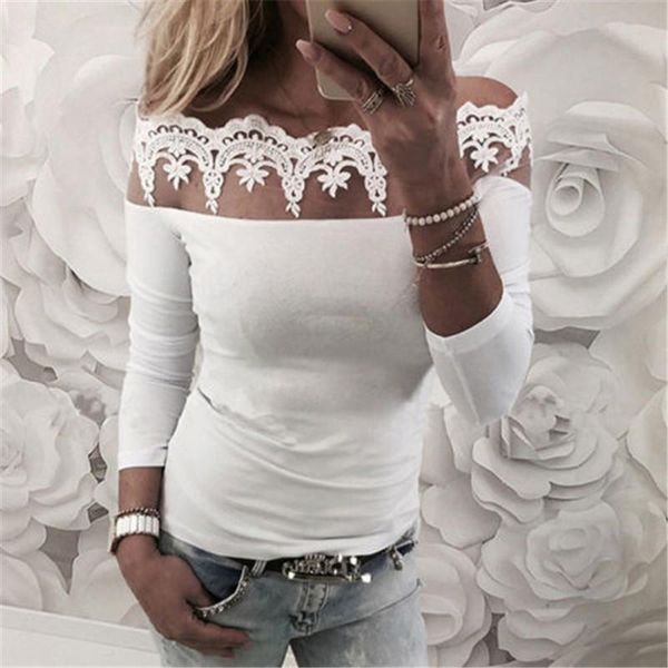 

fashion solid women fall lace cold shoulder long sleeve slim blouse shirt s to xl women's blouses & shirts, White