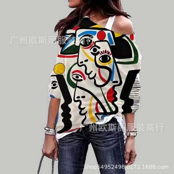 

2021 new abstract color face print off shoulder t-shirt, White