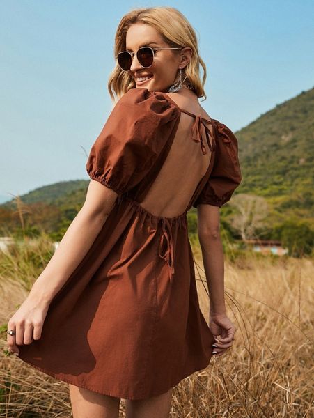 

puff sleeve backless dress o9dn#, Black;gray