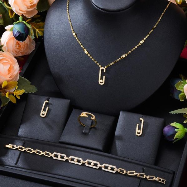 

earrings & necklace godki 3pcs set geometry charm jewelry sets for women wedding statement bracelet ring cubic zirconia earring, Silver