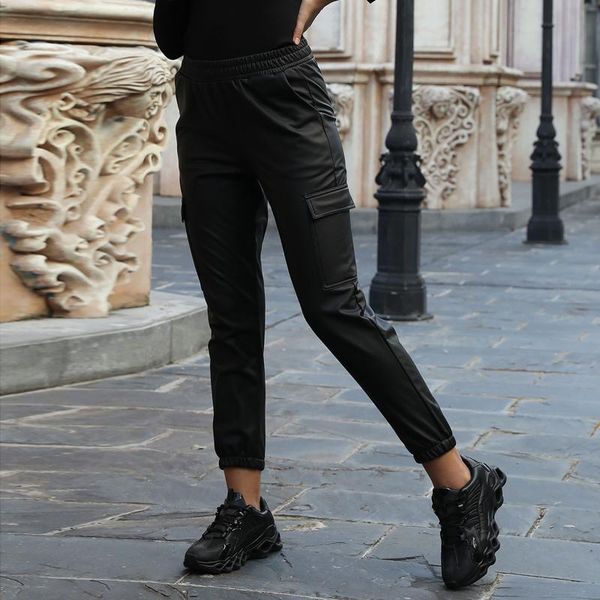 

fashion thicken winter warm pants womens high waist solid colors leather tight cargo fitness joggers trousers streetwear, Black;white