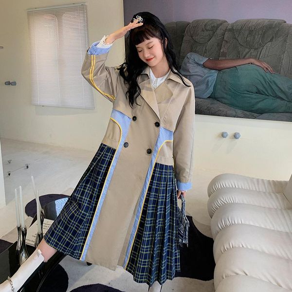 

women's trench coats [ewq] double breasted coat female color matching plaid fold fake two-piece 2021 jackets 16w2021, Tan;black