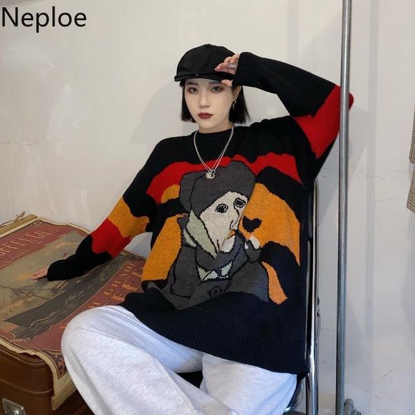 

women's neploe winter clothes women knitted pullovers harajuku bf sweaters woman oversized outwear o-neck long sleeve thicked jumper, White;black