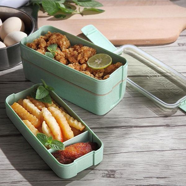 

900ml healthy material lunch box 3 layer wheat straw bento boxes microwave dinnerware storage container lunchbox kichen sets