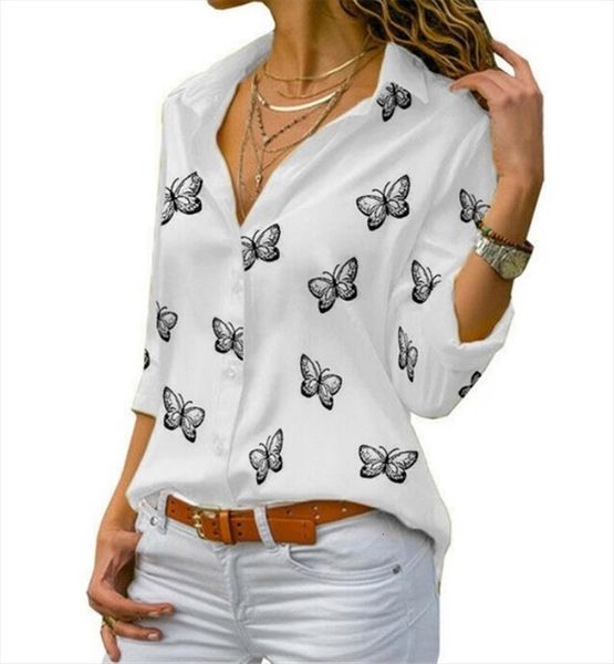 

fashion butterfly print long sleeve womens blouses turn down collar casual elegant work, White