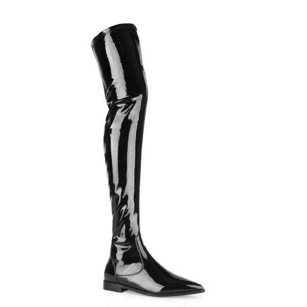 

boots fashion winter thigh high pointed toe casual flats side zip long patent leather over-the-knee motorcycle boot shoes, Black