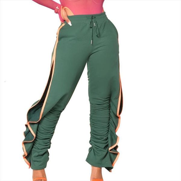 

fashion ruched patchwork womens capri hollow drawstring pleated green trousers autumn solid color streetwear sweatpants, Black;white