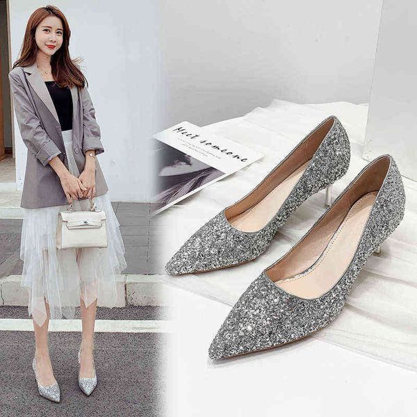 

dress shoes silver/gold glitter wedding shoe woman pointy thin crystal dress ladies sequins 9cm high heels bridal shoes tacones 220315, Black