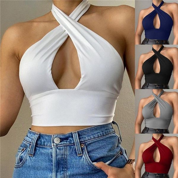 

women's tanks & camis women strappy cross over front cut out halter neck sleeveless backless crop bandage vest summer woman cl, White