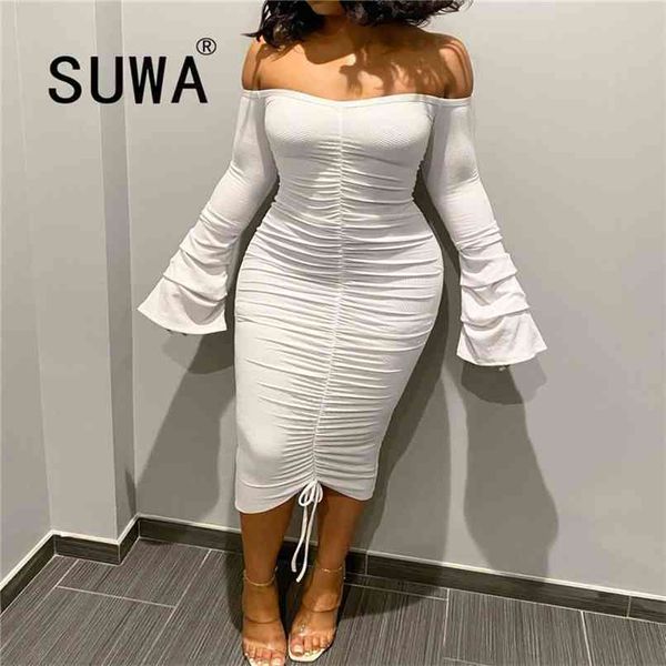 

wholesale women clothing all white black flare sleeve stacked lace-up bodycon dresses for party and wedding midi gowns 210525, Black;gray
