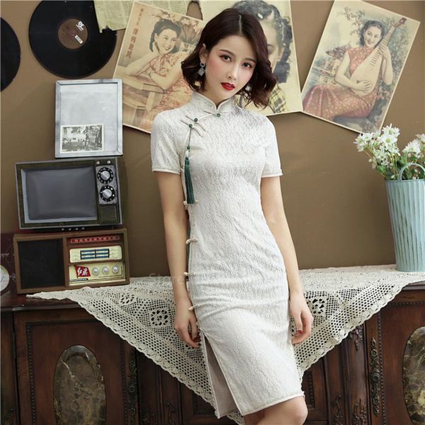 

chinese traditional clothing for women short ethnic summer lace slim retro cheongsam dress vintage elegant wedding qipao vestido, Red