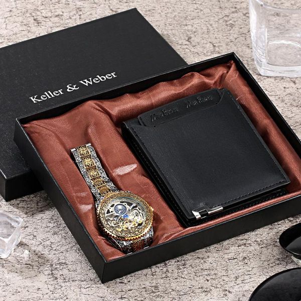 

wristwatches wallet watch men's exquisite gift box set man stainless steel mechanical practical leather purse christmas gifts, Slivery;brown