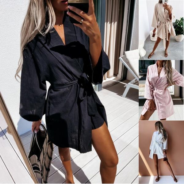 

casual dresses 2021 summer solid color loose long-sleeved loose-fitting shirt dress v neck lace-up mini women black, Black;gray