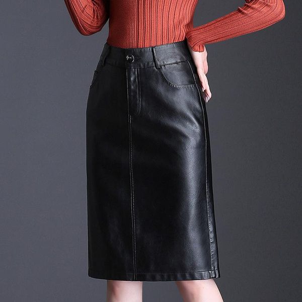

skirts autumn winter slim package hip pu womens casual fake leather high waist split midi long skirt pockets knee length jupe, Black