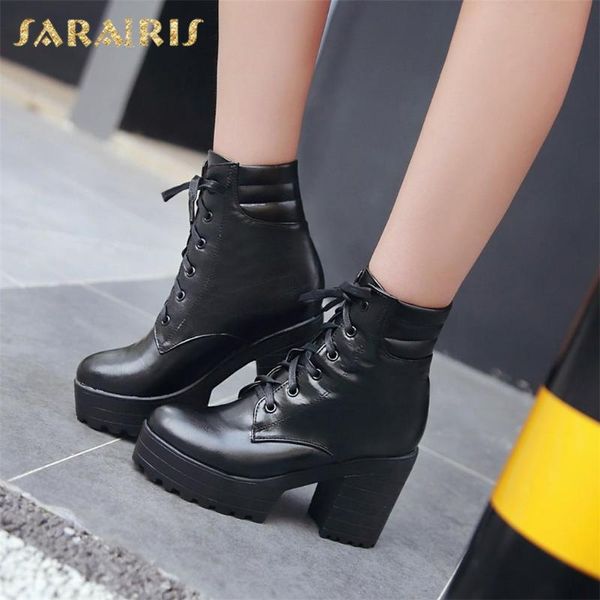 

boots sarairis arrivals large size 43 platform comfortable shoes woman lace up chunky high heels autumn winter female, Black