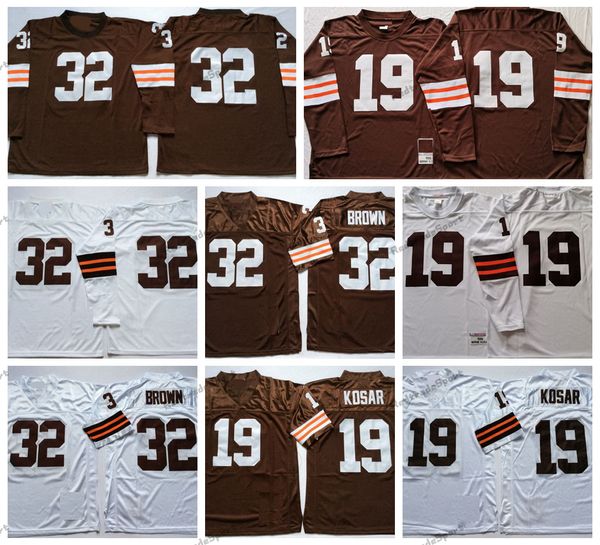 Camisas de futebol masculinas vintage Mi08 32 Jim Brown 19 Bernie Kosar 1964 camisas de manga comprida costuradas camisa branca bordada M-XXXL