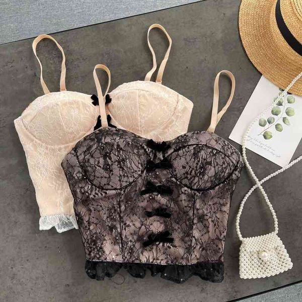 

summer vintage v-neck beautiful back halter chest butterfly lace for womens fashion outer wear inner female camisole 210420, White