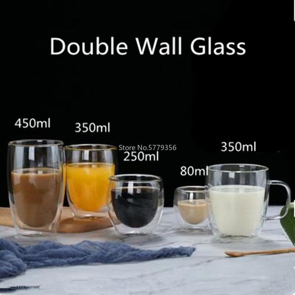 

mugs double wall insulated glasses espresso coffee mug 80/250/350/450 ml heat-resistant transparent tea milk glass cup drinkware