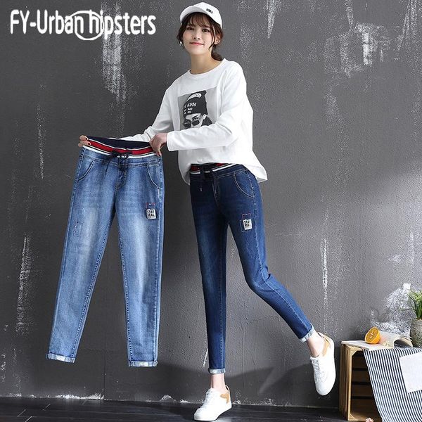 

elastic waist jeans women korean lace-up harem woman stretch plus size high denim cotton pencil pants cuffs women's, Blue