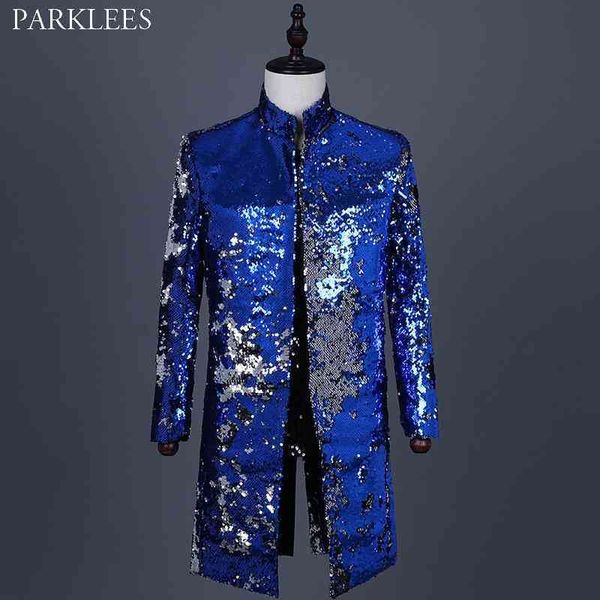 Royal Blue Sparkle Pailletten Lange Blazer Jacke Männer Mandarin Kragen Smoking Anzug Jacke Männliche Party Show Prom Kostüm Homme 210522