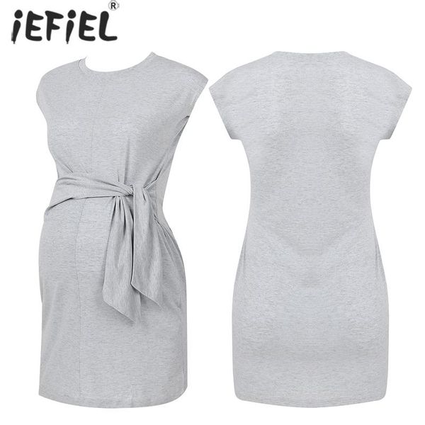 

maternity dresses summer dress pure color tie-in waist pregnant women soft cotton loose vestidos pregnancy high wrap, White