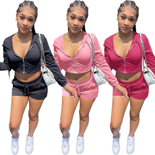 

biker style casual two piece set tracksuits women zipper up hooded long sleeve crop jackets+drawstring shorts active sporty tracksuit new, Gray