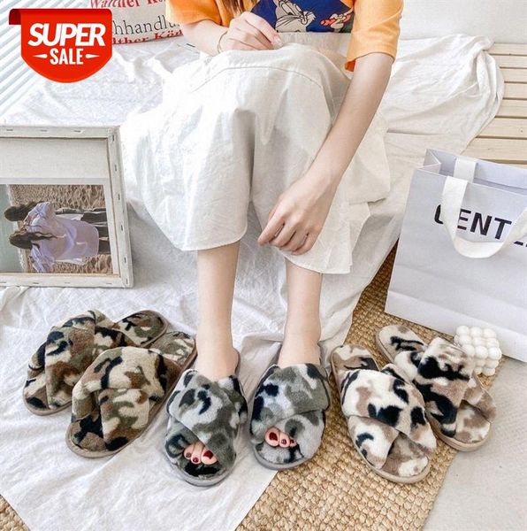 

plush slippers women home indoor camouflage open-toe hairy #y57z, Black
