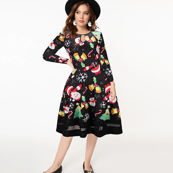 

vintage print christmas party dress women autumn o neck hollow long sleeve mesh patchwork casual a-line dresses elegant vestidos 210412, Black;gray