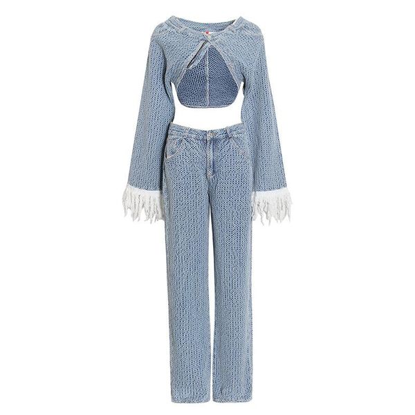 

women's two piece pants 2021 spring and autumn design sense two-piece suit, fashionable fringed denim jacket + high-waist wide-leg, White