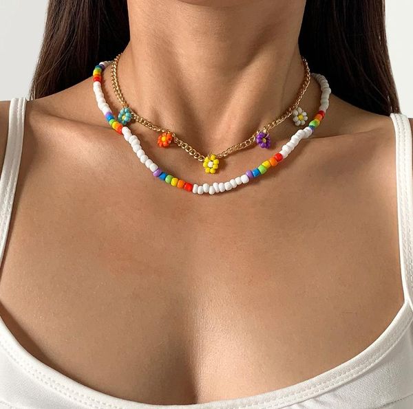 

chains woven beaded rice bead necklace for women party gifts with simple geometric daisy clavicle wholesale, Silver
