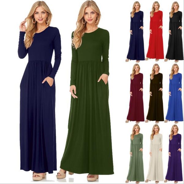 

dresses maxi casual women fashion loose solid long sleeve round collar elegant women's vestidos b3470, Black;gray