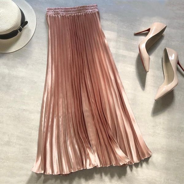 

croysier spring summer 2021 women fashion shiny metallic satin pleated skirt midi high waist elegant vintage long skirts womens, Black