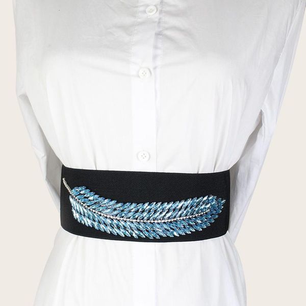 

belts fashion designer belt women's elastic rhinestone feather decoration, Black;brown
