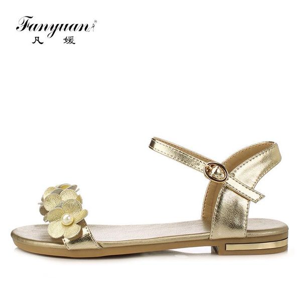 

fanyuan fashion genuine leather ankle-wrap sandals comfort concise pearl flower flats summer buckle strap flat shoes women, Black