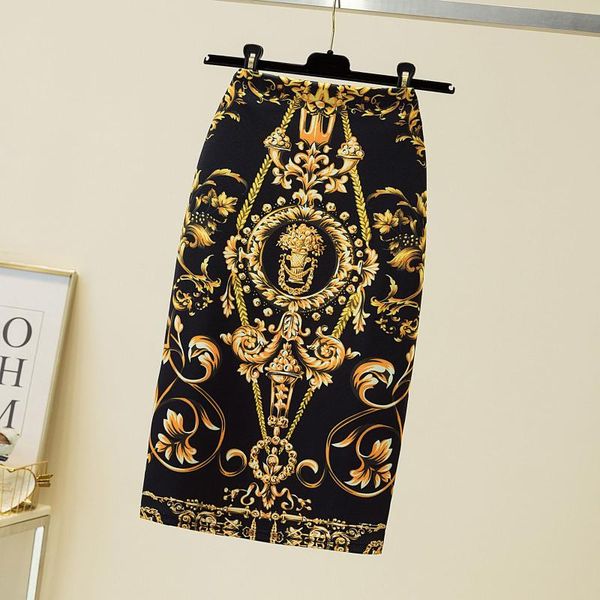 

skirts women's fashion half-length skirt printed step package hip short elastic faldas ladies midi girl print, Black