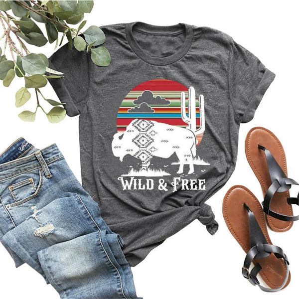 

wild bison cactus rainbow women t shirt print cute graphic tshirts casual harajuku summer oversized female v neck, White