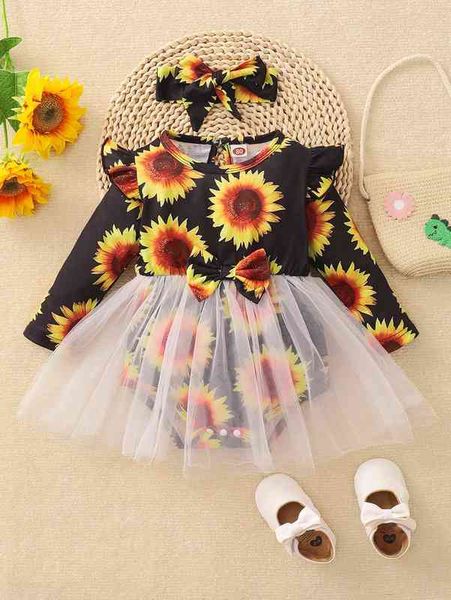 

baby sunflower print contrast mesh bow combo bodysuit & headband she, Blue