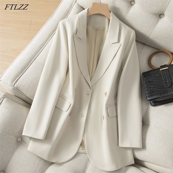 

spring autumn office ladies turn-down collar double breasted blazer casual women solid long sleeve 210423, White;black