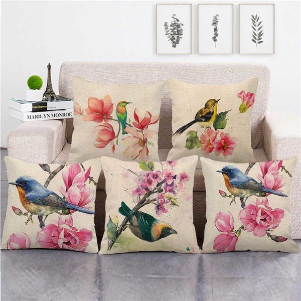 

cute vintage flower bird one side print cushion cover linen pillow for home sofa seat throw covers decorative 45x45cm cushion/decorative