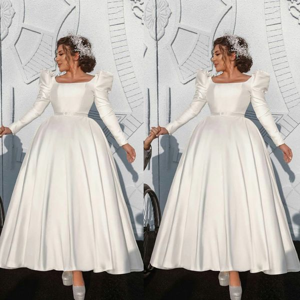 

simple satin a line wedding dress long sleeve ankle length bride dresses modern backless bridal gowns robes de mariÃ©e, White